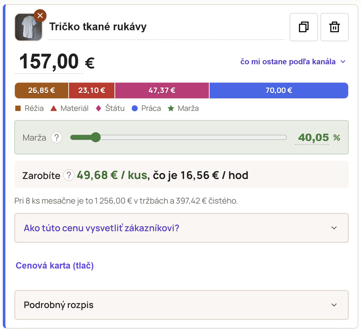 Ukážka výpočtu férovej ceny a hodinovej mzdy v kalkulačke Cenotvorba