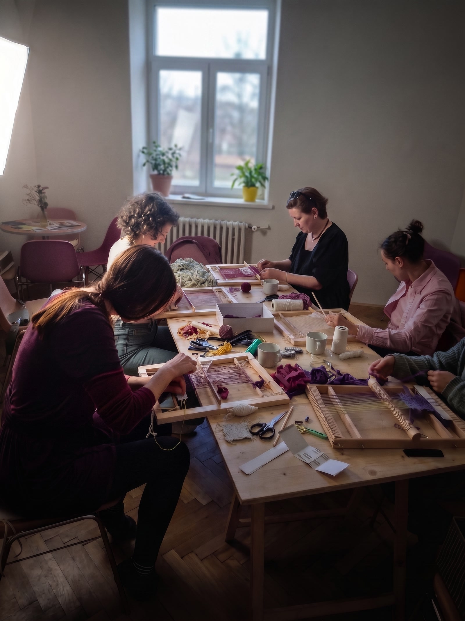 Účastníčky workshopu tkajú pri spoločnom stole v ateliéri